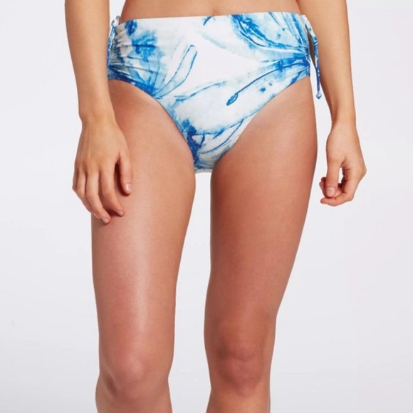 CALIA Tie Dye Blue Hi Rise Moderate Coverage Ruched Sides Bikini Bottom Medium - Picture 1 of 11